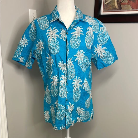 Tori Richard Mens pineapple shirt blue Hawaii Hawaiian Seersuckers Medium - Picture 1 of 7